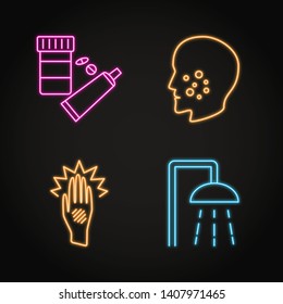 Skin problems concept neon icon set. Atopic dermatitis, acne, allergy symptoms and treatment symbols. Vector illustration.