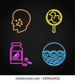 Skin problems concept neon icon set. Facial rash, dry and cracked skin symptoms. Vector illustration.