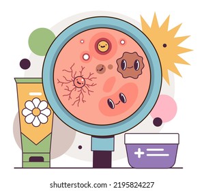 Skin problems. Human skin infection and disease such as acne, rosacea, miliaria, fibroma, etc. Dermatology and cosmetology diagnosis and treatment. Flat vector illustration