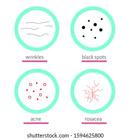 Skin problems icons. Cosmetology. Black dots, wrinkles, acne, rosacea. Vector.