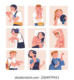 Skin Problems with People Character Suffering Scratching Itching Skin Vector Set