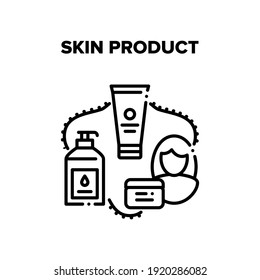 Skin Product Vector Icon Concept. Cream Tube, Lotion Bottle With Pump And Scrub Container Skin Product. Woman Moisturzing And Cleaning Skincare And Makeup Cosmetics Black Illustration