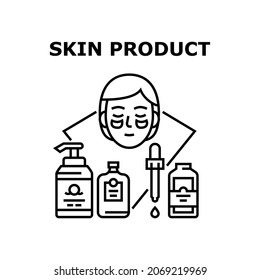 Concepto de icono del vector de la piel. Crema, Loción Y Producto Esencial De Piel De Aceite Para Tratamiento Facial Y Corporal. Mostración Del Embalaje Natural Y La Ilustración Nocturna Cosmética De Accesorios