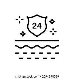 Skin Protect 24h Line Icon. Every 24 Hours Barrier Safety for Skin Linear Pictogram. Skin Layer and Shield 24 Hours Protection Concept Outline Icon. Editable Stroke. Isolated Vector Illustration.