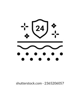 Icono de línea Proteger la piel las 24 horas. Cada 24 horas Barrera de seguridad para el pictograma lineal de la piel. Icono de esquema de concepto de protección de 24 horas de la capa de piel y el escudo. Stroke editable. Ilustración de vectores aislados.