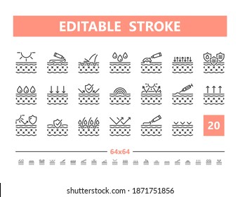 Skin Protection 20 line icons. Vector illustration in line style. Editable Stroke, 64x64, 256x256, Pixel Perfect.