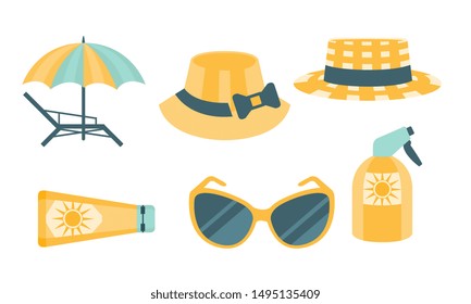 Skin Protection Set, Beach Sun Safety, Hat, Panama, Umbrella, Sunglasses, Sunscreen Vector Illustration