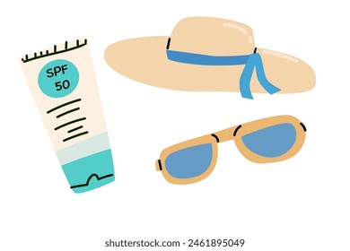 Skin protection set - hat, sunglasses and sunscreen cream. Can used for cosmetic banner or summer vacation background.