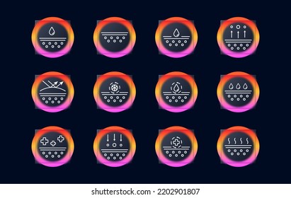 Skin protection set icon. Moisturizing, hand cream, mask for face, acne treatment, antiseptic, shaving gel, moisture. Scin care concept. Glassmorphism style. Vector line icon for Business