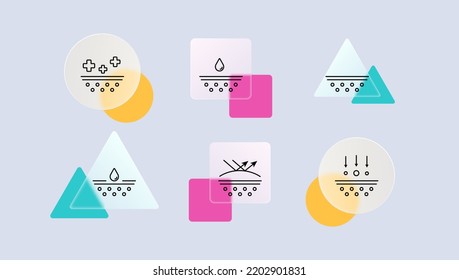 Skin protection set icon. Moisturizing, hand cream, mask for face, acne treatment, antiseptic, seasonal allergies, moisture. Scin care concept. Glassmorphism style. Vector line icon for Business
