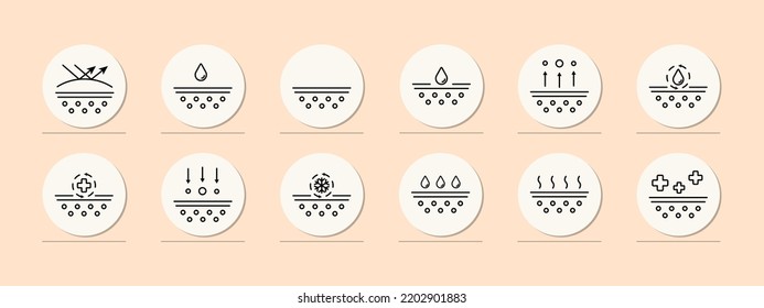 Skin protection set icon. Moisturizing, hand cream, mask for face, acne treatment, antiseptic, seasonal allergies, moisture. Scin care concept. Pastel color background. Vector line icon for Business