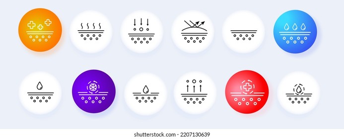 Skin Protection Set Icon. Moisturizing, Hand Cream, Mask For Face, Acne Evaporation, Ultraviolet, Antiseptic, Seasonal Allergies. Scin Care Concept. Neomorphism Style. Vector Line Icon For Business