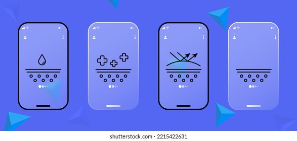 Skin protection set icon. Moisturizing, pore cleaning, sunscreen, pimple treatment, seasonal allergies, health, whelk, UV defense, hydration. Scin care concept. Glassmorphism. UI phone app screen