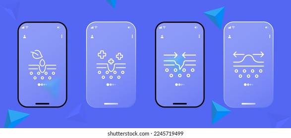 Skin protection set icon. Moisturizing, hand cream, mask for face, acne evaporation, ultraviolet, antiseptic, seasonal allergies. Scin care concept. Glassmorphism style. Ui phone app screen.