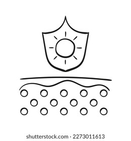 Skin protection from sun line icon. Skin layers with shield with sun. Vector