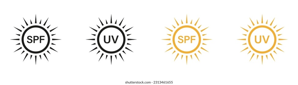 Protección de la piel contra el pictograma de Sun, Etiqueta de bloqueo solar, Crema de pantalla solar. Colección de símbolos de verano de luz solar. Radiación solar en bloque. Juego de iconos para la protección de SPF, Rays Ultravioleta. Ilustración de vectores aislados.