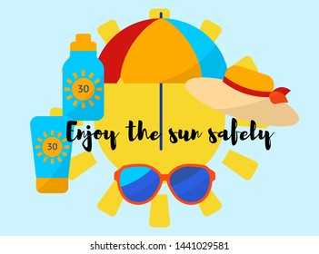 Skin protection and sun safety. Beach accessories for sunbathing. Umbrella, hat, sunglasses, sunscreen. Vector illustration