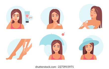 Skin protection with sunscreen set vector illustration. Cartoon girls apply cream or lotion applications with UV filters on skin of face and body, protect health from sun with umbrella and hat