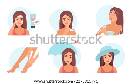 Skin protection with sunscreen set vector illustration. Cartoon girls apply cream or lotion applications with UV filters on skin of face and body, protect health from sun with umbrella and hat