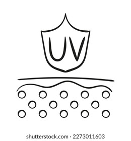 Skin protection from ultraviolet radiation line icon. Skin layers with shield with UV. Vector