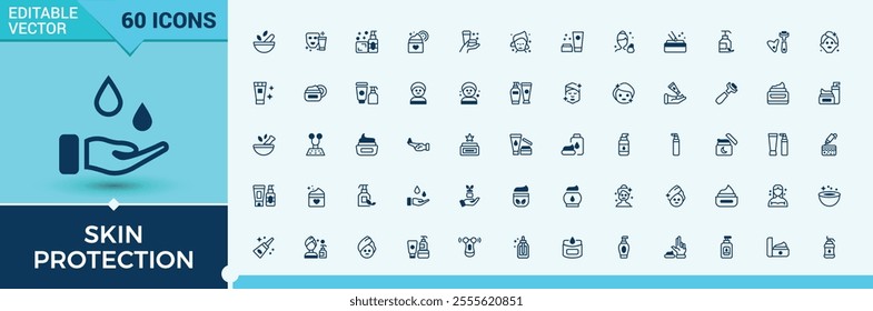 Skin Protection vector line icon set. Featuring glyph, oil, cosmetic, ceramide, resistant, wash and more. Perfect for logos and infographics. Outline and solid pictogram.