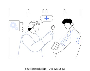 Erupción cutánea concepto abstracto Ilustración vectorial. El dermatólogo examina al paciente con erupción, diagnóstico de afecciones emergentes, picazón en la piel, enrojecimiento de la mano, tratamiento de la psoriasis metáfora abstracta.