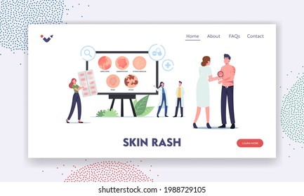 Skin Rash Landing Page Template. Tiny Doctors Characters Presenting Infographics Diseases Herpes Zoster, Dermatophytosis, Pityriasis Versicolor, Bruise and Vitiligo. Cartoon People Vector Illustration