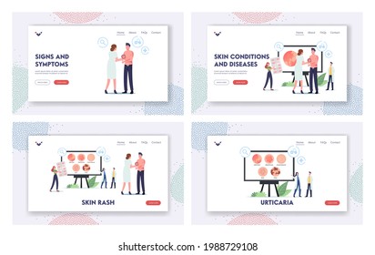 Skin Rash Landing Page Template Set. Tiny Doctors Characters Presenting Infographics Diseases Herpes Zoster, Dermatophytosis, Pityriasis Versicolor, Bruise and Vitiligo. Cartoon Vector Illustration