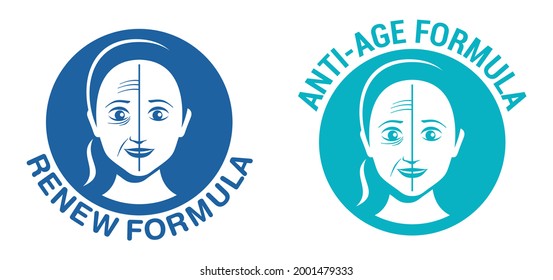 Skin renew formula flat icon - stamp for anti-age and anti wrickles cosmetics marking. woman face before and after usage - vector skincare pictogram