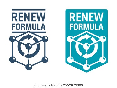 Pictograma plano da fórmula da renovação da pele - emblema para a marcação cosmética anti-idade e anti-pulso. Estrutura molecular e sinal de renovação - rótulo de cuidados com a pele vetorial