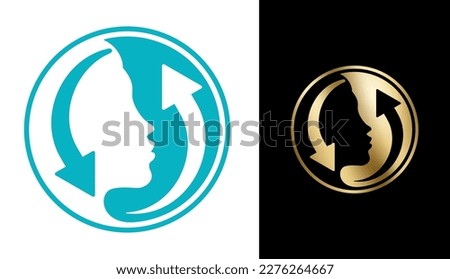 Skin renew formula flat pictogram - emblem for anti-age and anti wrinkles cosmetics marking. Molecular structure and woman face profile silhouette - vector skincare pictogram