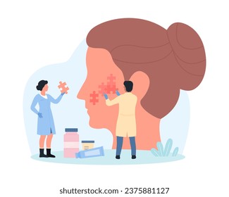 Skin renewal through medical therapy and spa rejuvenation treatments vector illustration. Cartoon tiny people connect puzzle pieces on abstract womans face, work on regeneration of epidermis structure