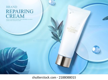 Skin repairing cream ad in 3d. Tube product on round glass discs with plant leaves and dewdrop on blue background.