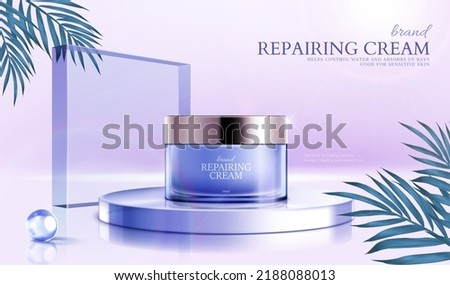 Skin repairing cream ad in 3d. Glass jar on round stage with glass square and plant leaves over bright and shiny lavender purple background. Сток-фото © 