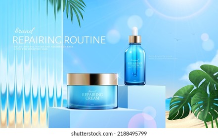 Skin repairing cream and lotion ad in 3d. Glass jar and dropper bottle on square stages with frosted glass divider and plant leaves over sunny beach background