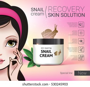 Skin Repairing Snail Cream ads. Vector Illustration with Manga style girl and snail cream container.