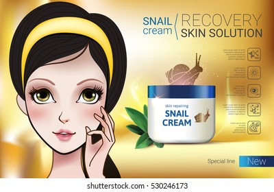 Skin Repairing Snail Cream ads. Vector Illustration with Manga style girl and snail cream container.