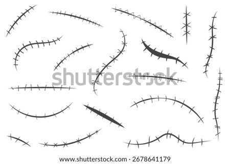 Skin scars and stitch vector illustrations. Simple black medical icons.