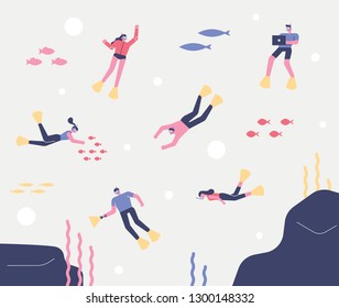 Skin scuba diving into the ocean. flat design style minimal vector illustration