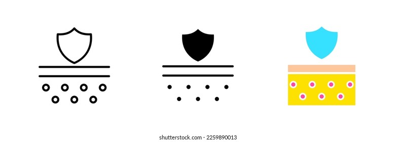 Skin with shield. Skin protection, epidermis, retinol, niacinamide, spf, sunscreen, korean cosmetics. Vector set icon in line, black and colorful styles isolated on white background