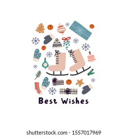 Skin shoes, presents and snowflakes winter vector print. Ideal for children’s book, cloth, apparel. 