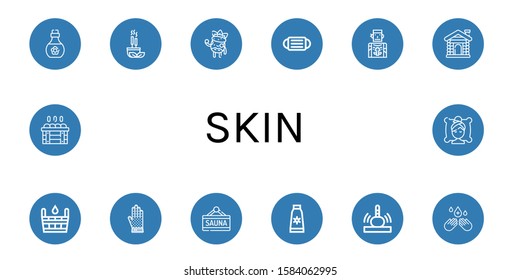 skin simple icons set. Contains such icons as Skin oil, Incense, Facial treatment, Mask, Tattoo artist, Sauna, Chainmail, Sun cream, Massage, can be used for web, mobile and logo