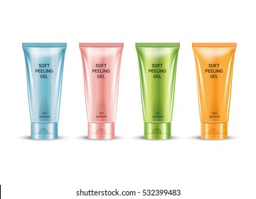 Skin smoothing peeling gel in different color of packages. Vector illustration of realistic packages of peeling gel tubes.