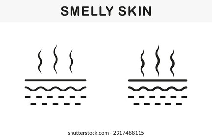 Problema de higiene de la piel de guiño, Colección de símbolos de grifo corporal. Piel Stench. Línea de piel maloliente y conjunto de iconos negros de silueta. Mal olor de piel del submarino, pies, pictograma de arpillaje. Ilustración de vectores aislados.