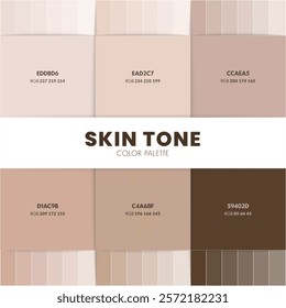 Skin Tone Color Palette Guide. Colour swatch collection of warm and neutral skin tone for art, fashion, beauty cosmetic design, palette of shades from light to dark. RGB color codes. Color theme chart