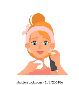 Skin toner apply on cotton pad. Woman care about face beauty and apply toner. Isolated flat vector illustration