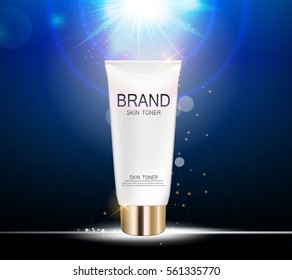 Skin Toner Bottle Template for Ads or Magazine Background. 3D Realistic Vector Iillustration. EPS10