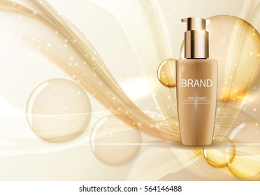 Skin Toner Bottle Tube Template for Ads or Magazine Background. 3D Realistic Vector Iillustration. EPS10