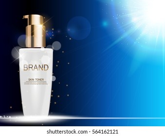 Skin Toner Bottle Tube Template for Ads or Magazine Background. 3D Realistic Vector Iillustration. EPS10