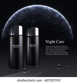 Skin toner bottles isolated on the black background with pearls. 3D Realistic vector illustration